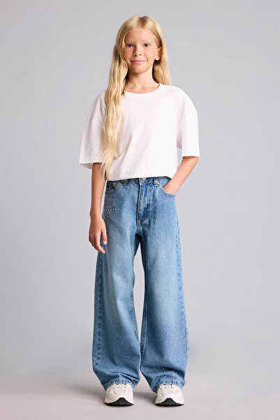 DeFacto 100% Cotton Straight Wide Washed Effect Jean Trousers for Girls I4477...