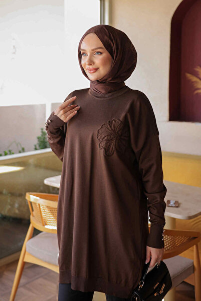 İmajButik Brown Floral Embroidered Cold Yarn Knitwear Tunic