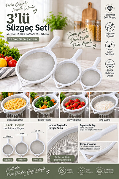 MAKRİ HOME 3-Piece Stainless Steel Wire Strainer Set 12-16-20 cm White Kitche...