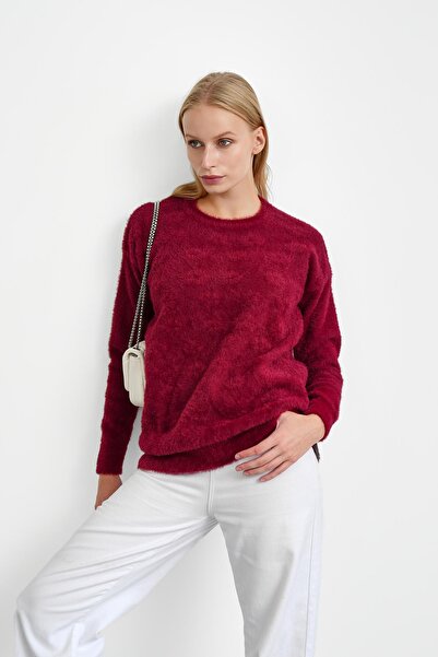 İmajButik Burgundy Crew Neck Angora Soft Knit Sweater