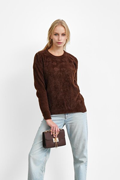 İmajButik Brown Crew Neck Angora Soft Knit Sweater