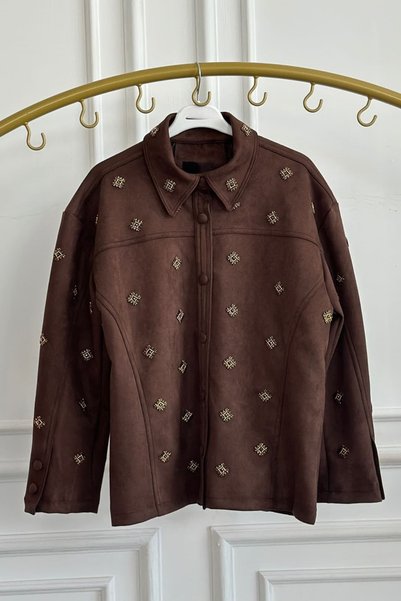 yb yağmur butik Modern Taş İşlemeli Tokalı Kemerli Süet Ceket
