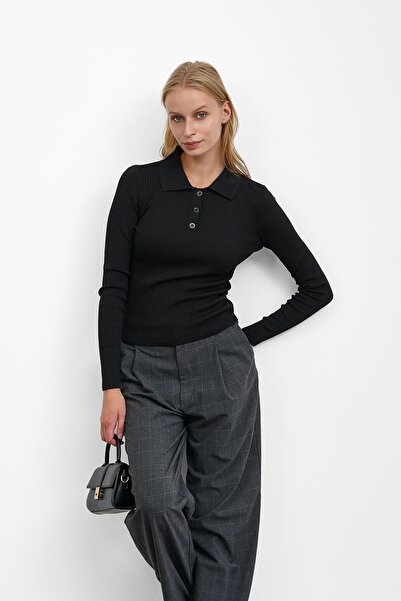 İmajButik Siyah Fitilli Polo Yaka Triko Body Kazak