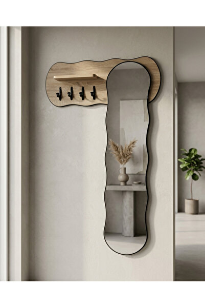 PLUS40 Modern Wall Mirror with Wooden Frame and Shelf