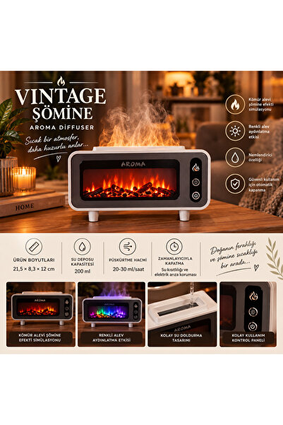 Şömine Görünümlü Alev Efektli Hava Nemlendirici 3D Alev Aroma Difüzörü Aroma Terapi Buhar Makinesi