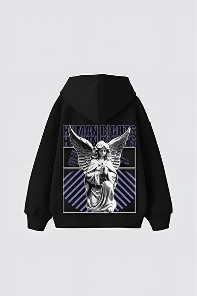 LADY HAZAL Black Unisex Human Rights Printed Hooded Oversize Patterned Fabric...