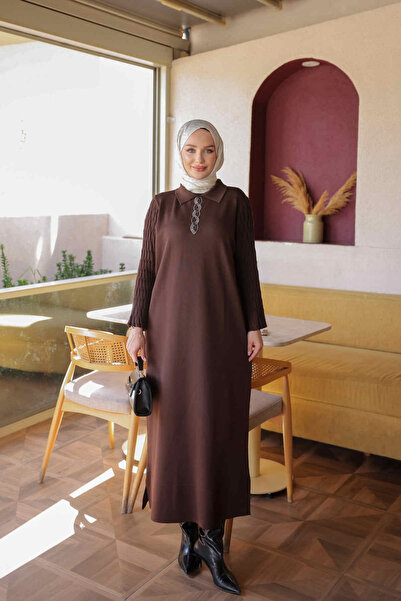 İmajButik Brown Mercerized Stone Knitwear Dress