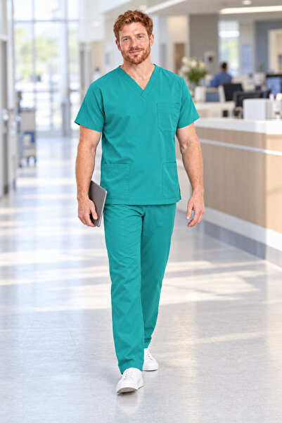 Aydın Online Men's Green Nurse and Doctor Uniform V-Neck Relaxed Fit Elastic ...