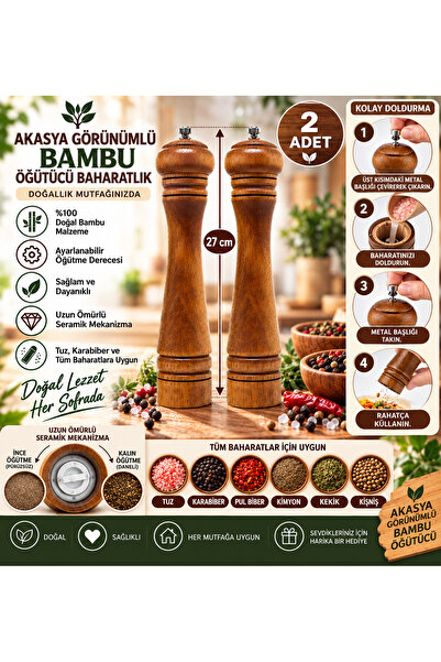 ELİTEVOOD Bambu Baharat Öğütücü 27 cm 2 Adet – Tuz Karabiber Değirmeni, Akasy...