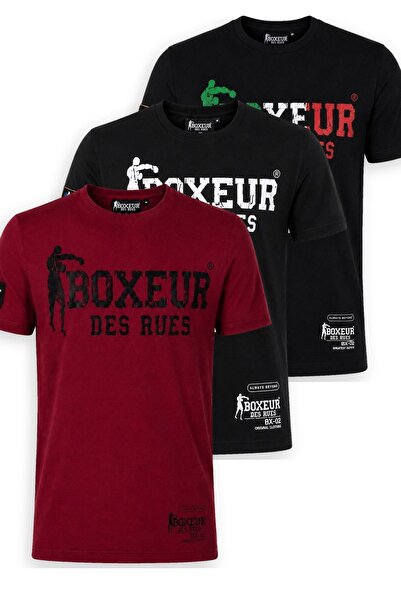 Boxeur Des Rues Tricouri bărbătești, pachet de 3, croială slim-fit: Bordo/Neg...