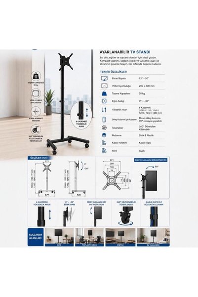 VONTECH VT-5022 13-50'' Tekerlekli Ayaklı Hareketli TV Standı