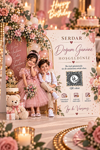 DüğünSepetim Doğum Günü Masa Kartı | Fotoğraflı QR Kodlu – 50 Adet | Fotoğraf ve Anı Depolamalı Masanızın En Özel Hatırası