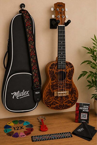 Midex CNT-245MT Kaliteli Dövme Desenli Maun Ağacı Concert Ukulele Seti