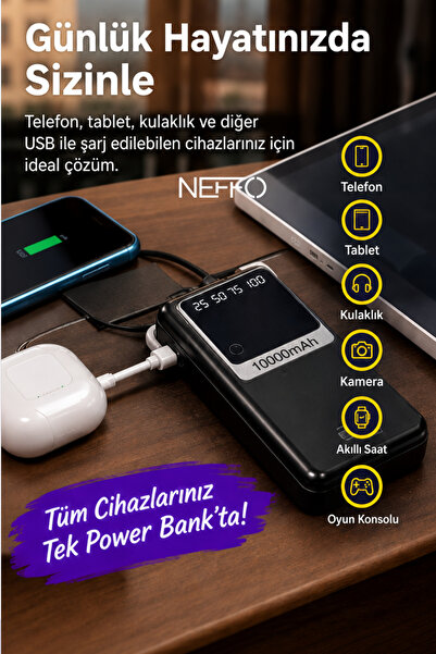 NEFFO 10.000 mAh Powerbank Taşınabilir Şarj Cihazı LED Ekranlı 2A Hızlı Şarj 4'ü 1 Arada Kablo Dahil