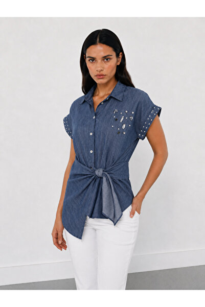 LA&B&LA Taş İşlemeli Bağlama Detaylı Denim Görünümlü Gömlek
