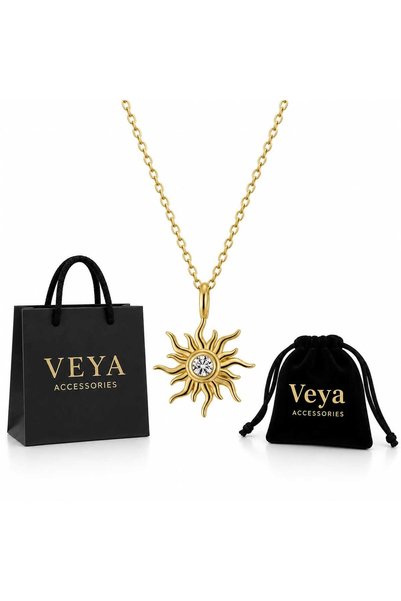 VEYA قلادة نسائية بتصميم الشمس وحجر شفاف لامع – فضة استرليني 925 مطلية بذهب ع...