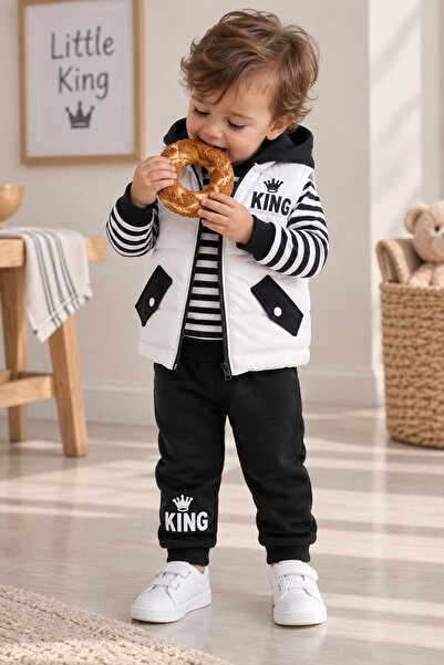 NOTA KİDS Erkek Bebek 3 Parça Takım Şişme Yelekli King Baskılı Sweatshirt ve ...