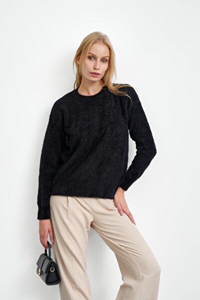 İmajButik Black Crew Neck Angora Soft Knit Sweater