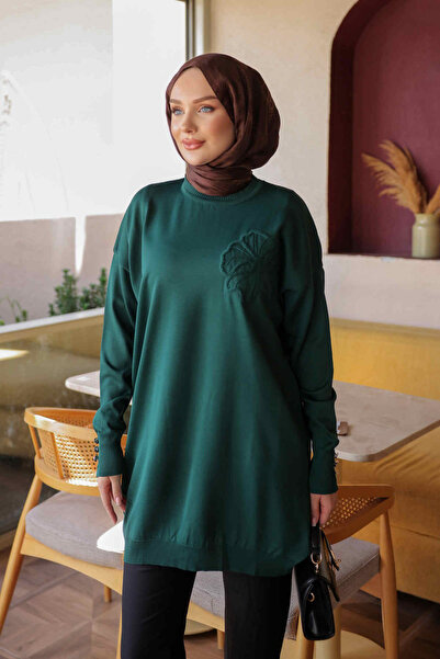İmajButik Zümrüt Yeşili Çiçek Naıkşlı Soğuk İplik Triko Tunik