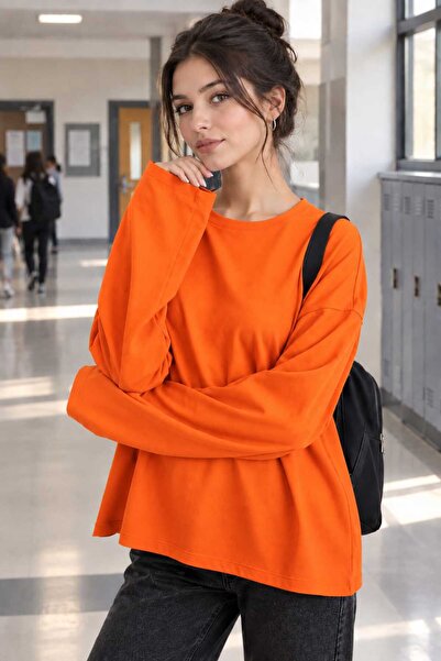 LYZALÜXEN Basıl Kadın %100 Pamuk Bisiklet Yaka Oversize Fit Uzun Kollu Beyaz ...