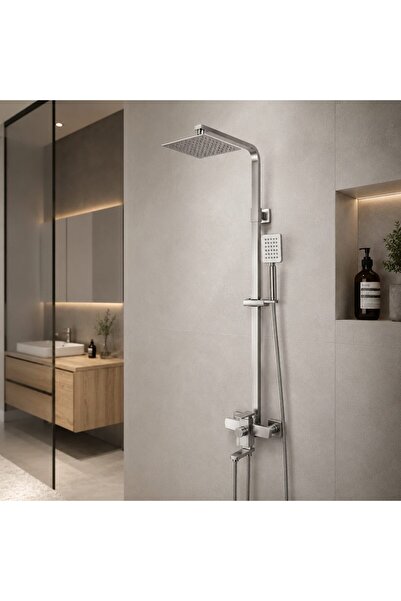 OEM Set coloană de duș cu baterie, Oțel inoxidabil, pară de duș pătrată, efect de ploaie, 3 funcții, montaj pe perete, finisaj satinat, accesorii incluse, LY005