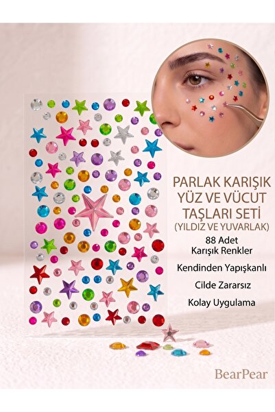 BearPear Kendinden Yapışkanlı Renkli Yıldız Yüz Makyaj Festival Taşları Süsle...