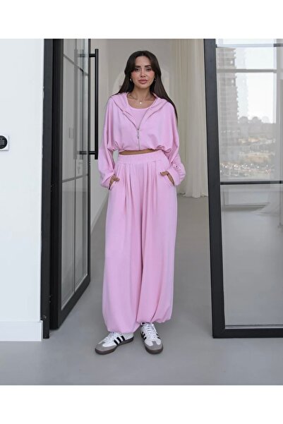 OZD Active İp Büzgülü Sweat Atlet Pantolon Üçlü Takım