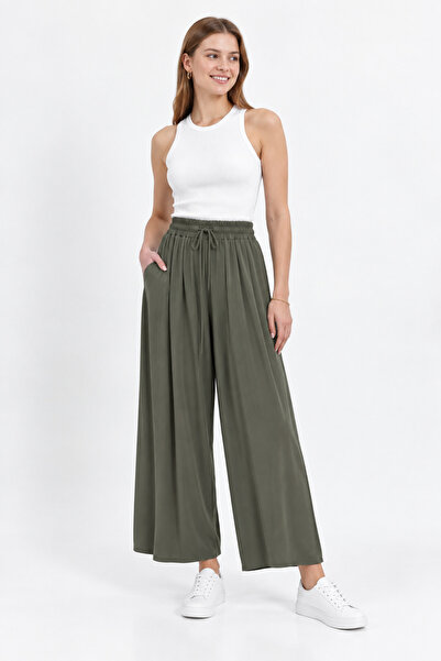 Puane Loreen Women's Elastic Waist Lace-Up Wide Leg Pants Dark Khaki 20664