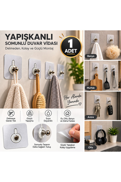 Lexa Pratik 1 Adet Güçlü Yapışkanlı Duvar Vidası Matkap Delme Yok - Elbise Çe...