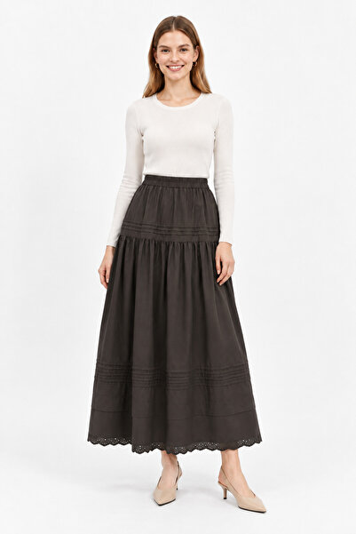 Loreen Women's Brown Elastic Waist Long Skirt with Guipure Detail 20728