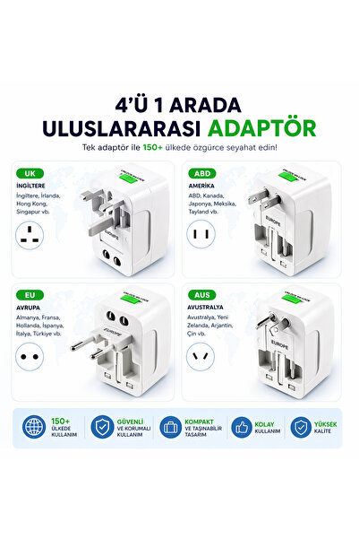 ULTRATEKNO Universal Seyahat Adaptörü 150+ Ülke Priz Dönüştürücü İngiltere Amerika Avrupa Avustralya Hac Umre