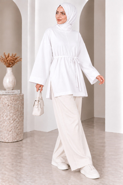 ELİSSE Women's White Modal Oversize Tunic Comfortable Fit Long Sleeve Slit De...