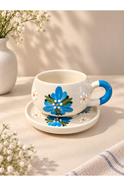 ASSERAMİK çiğdem desenli el yapımı seramik tabaklı çay/kahve fincanı 200ml