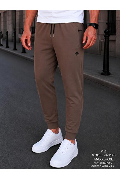 grand coco Men's 2 Thread Elastic Cuffed Milk Brown Sweatpants