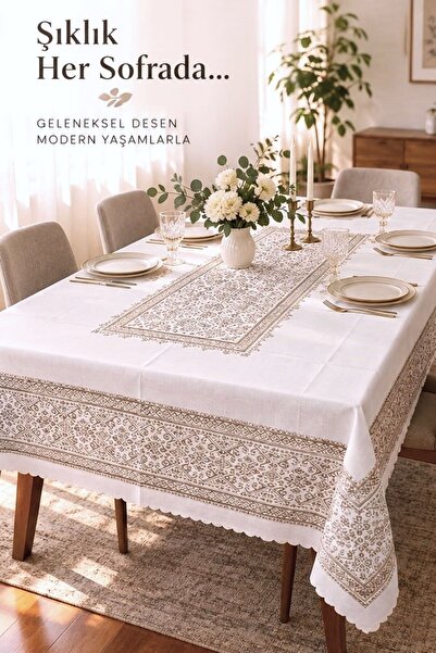 Zeria Home Otantik Kanaviçe Kilim Desenli Masa Örtüsü Bahçe Balkon Salon Mutf...