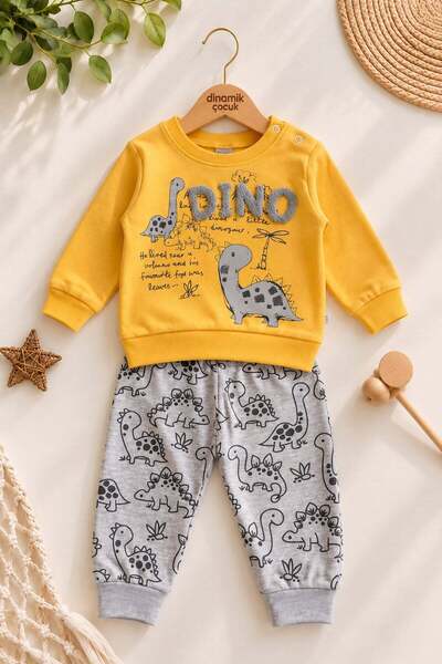 dinamik çocuk Baby boy dinosaur patterned 2-piece bottom top set sweatshirt t...