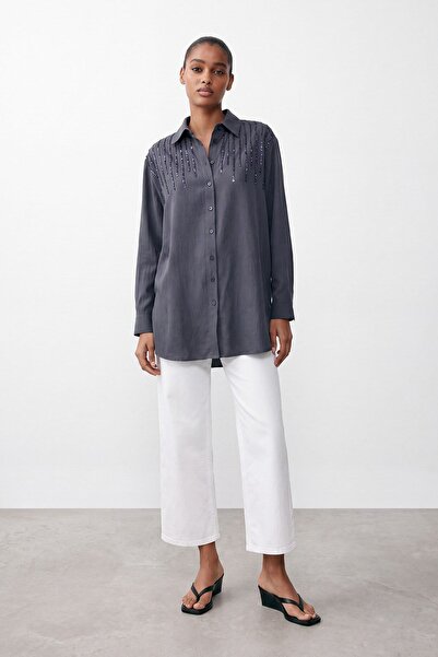 Puane Embroidery Detailed Long Sleeve Tencel Shirt Anthracite 10794