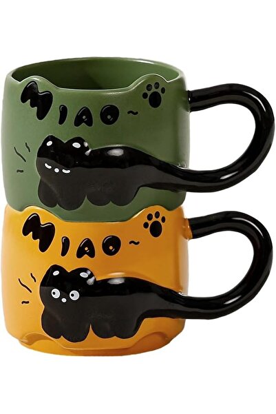 Khazna Set of 2 Ceramic Mugs with Cute Cartoon Cat Design - Durable Coffee/Mi...