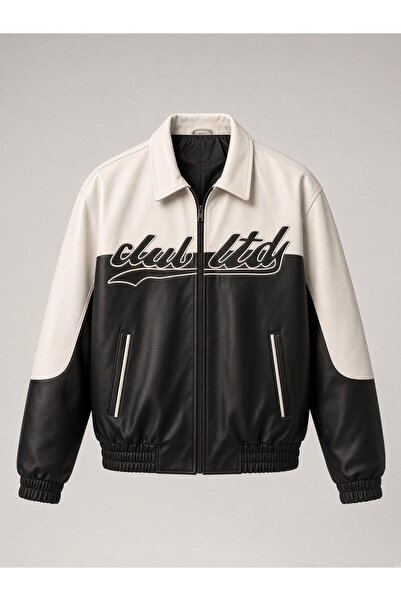 Oksit Club Ltd Nakış Detaylı Vintage Colorblock Gömlek Yaka Deri Bomber Ceket