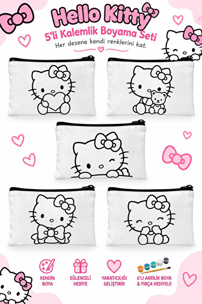 Kitty 5'li Boyanabilir Kalemlik Seti 15x19cm Kalın Kumaş Çocuk Boyama Çantası Akrilik Boya Fırça Hediyeli