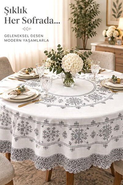 Zeria Home Yuvarlak Nakış Desenli Masa Örtüsü Bahçe Balkon Salon İçin Leke Tu...