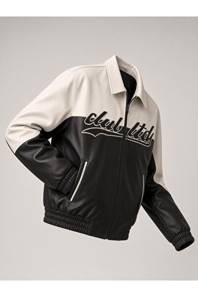 Oksit Club Ltd Nakış Detaylı Vintage Colorblock Gömlek Yaka Deri Bomber Ceket