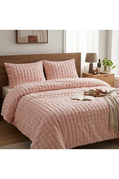 peluş çift kişilik yorgan seti pudra pembe