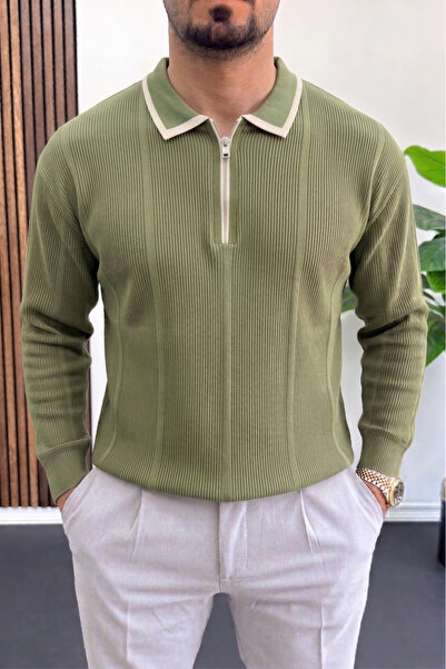 Edwox Men's Polo Collar Zipper Sweater Green Edw510