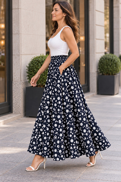 SELDAĞ MODA 100% قطن فيسكوز، تنورة واسعة مزينة باللون الأزرق الداكن، مع جيوب ...