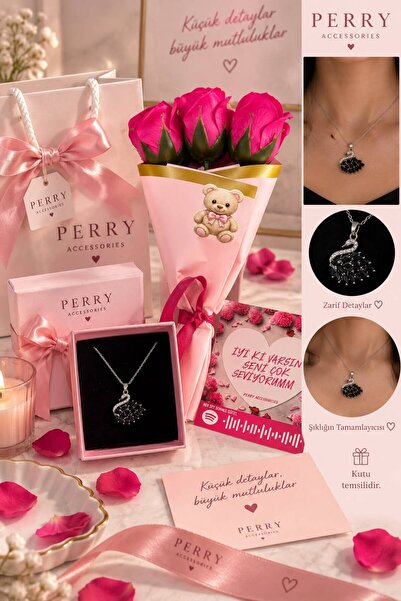Le Manolia Accessories kararmaz çelik siyah kuğu set ve üçlü pembe gül buketi...