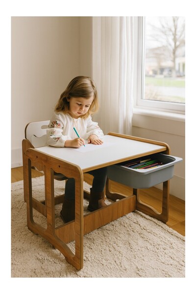 BEYNORA Montessori Tek Kişilik Masa Sandalye Takımı, 18MM Ceviz-Beyaz Mdf, gri Çekmeceli, Tek Kişilik Aktivite Masası
