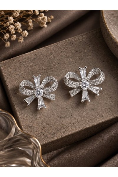 serelya Brass Silver Color Zircon Stone Bow Model Women's Earrings