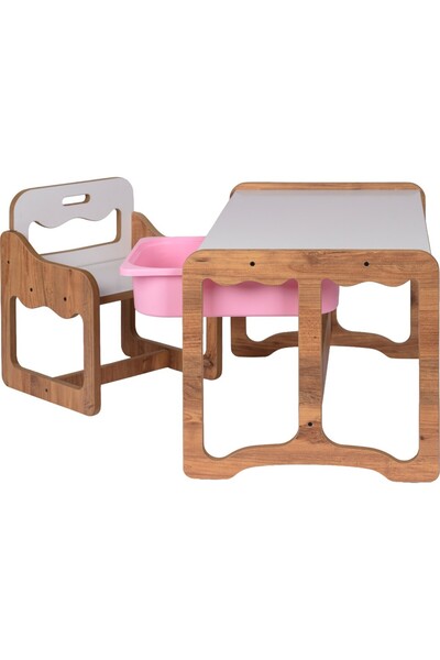 BEYNORA Montessori Tek Kişilik Masa Sandalye Takımı, 18MM Ceviz-Beyaz Mdf, pempe Çekmeceli, Tek Kişilik Aktivite Masası