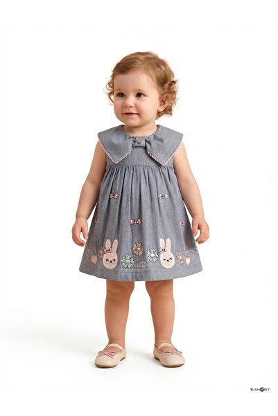 Top Kids Girls' Blue Sleeveless Dress with Wide Collar and Rabbit and Flower ...